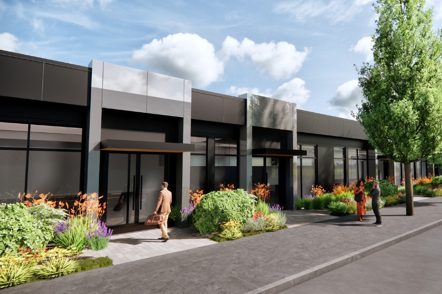 A exterior rendering of 2635 Quadra St, a commercial project, designed by Alan Lowe Architecture.