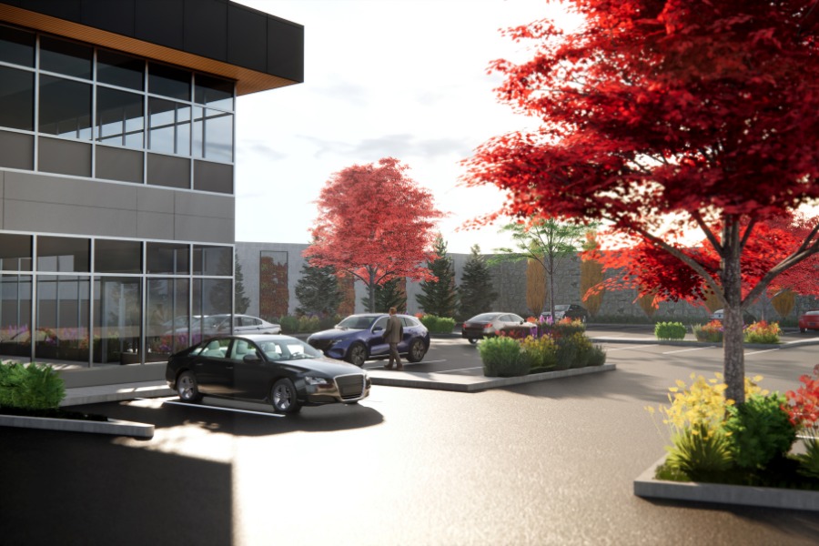 A exterior rendering the City Gate Office, a commercial project, designed by Alan Lowe Architecture.