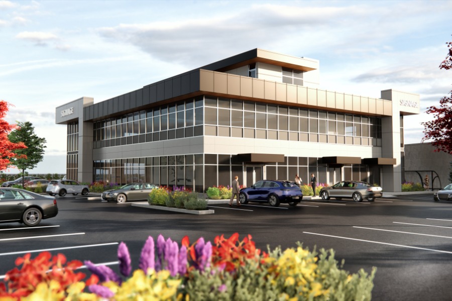 A exterior rendering the City Gate Office, a commercial project, designed by Alan Lowe Architecture.