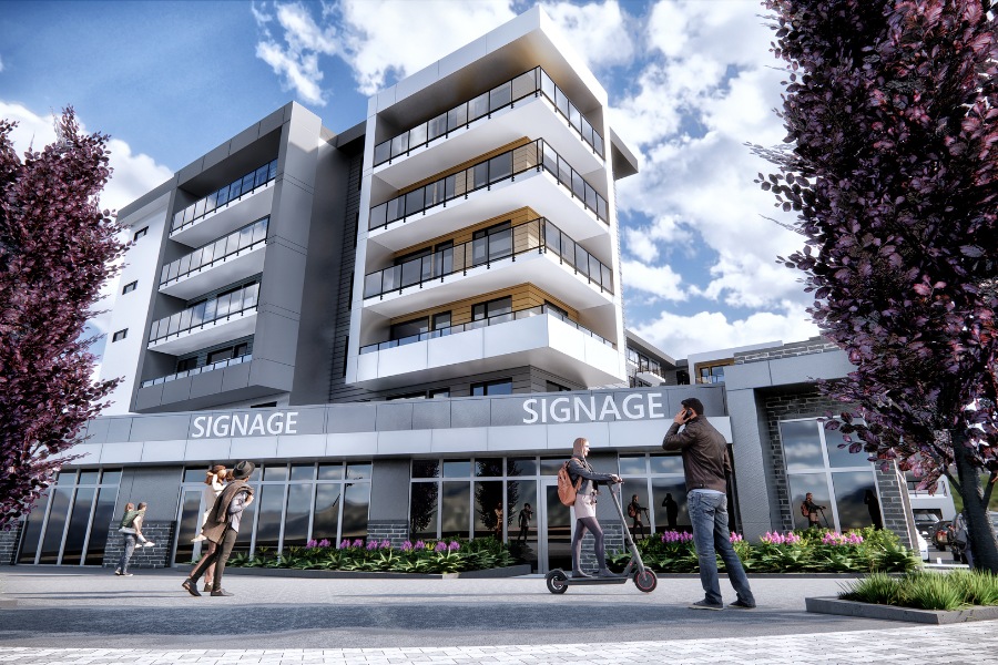 A exterior rendering of the Flint Building, a commercial project, designed by Alan Lowe Architecture.