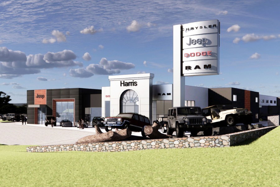 A exterior rendering of the Harris Dealership, a commercial project, designed by Alan Lowe Architecture.