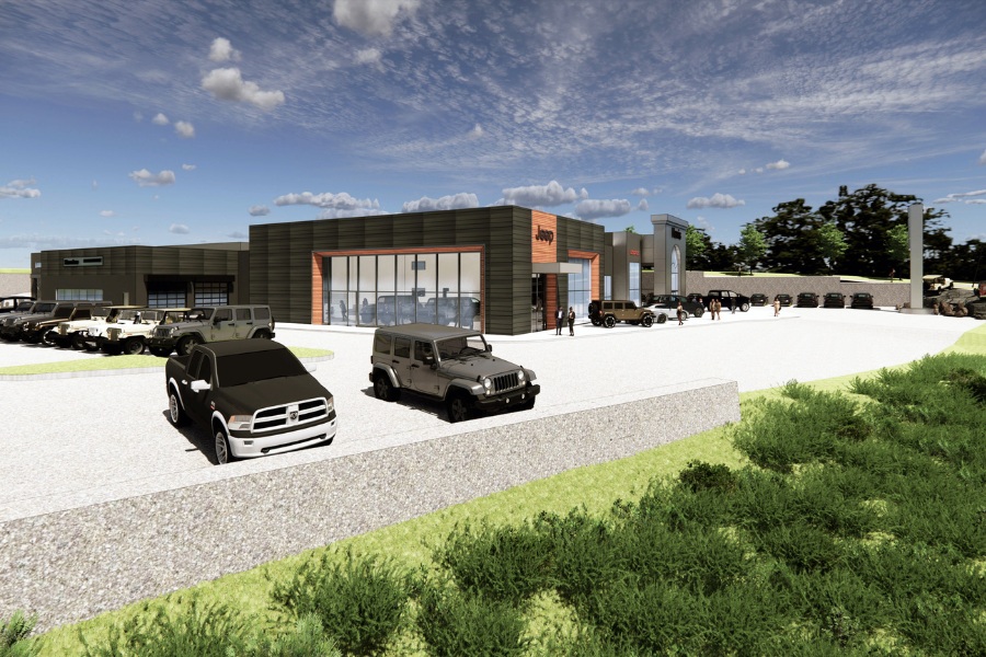 A exterior rendering of the Harris Dealership, a commercial project, designed by Alan Lowe Architecture.