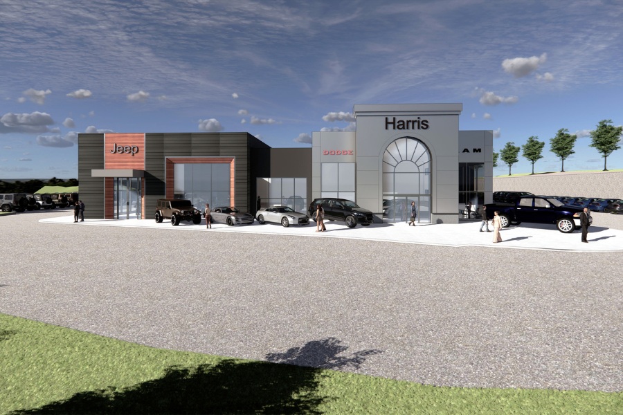 A exterior rendering of the Harris Dealership, a commercial project, designed by Alan Lowe Architecture.