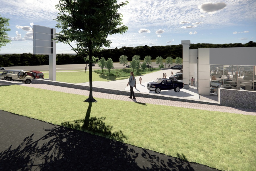 A exterior rendering of the Harris Dealership, a commercial project, designed by Alan Lowe Architecture.