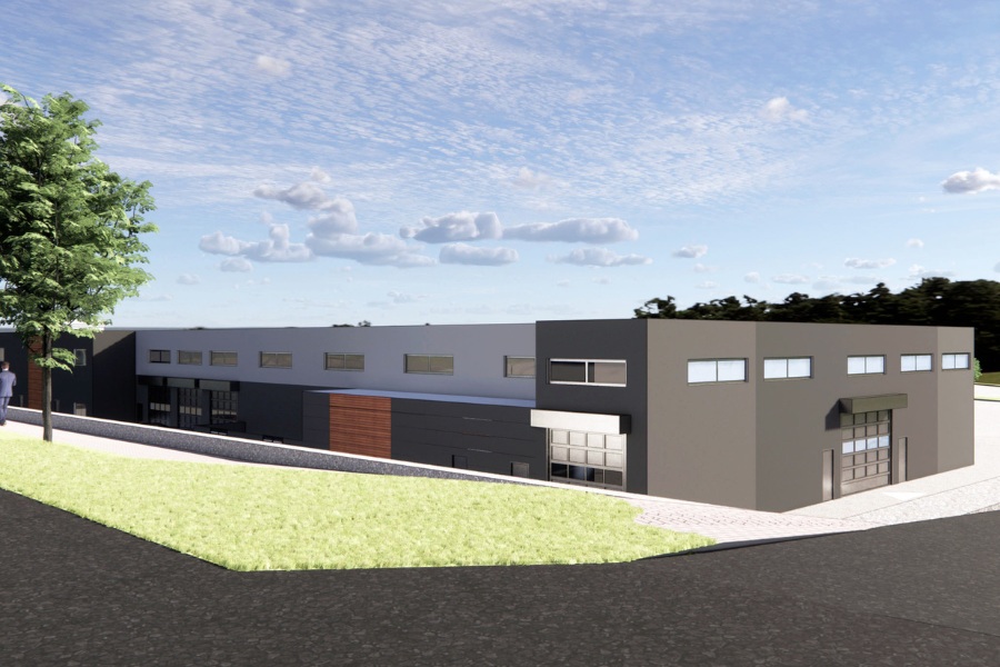 A exterior rendering of the Harris Dealership, a commercial project, designed by Alan Lowe Architecture.