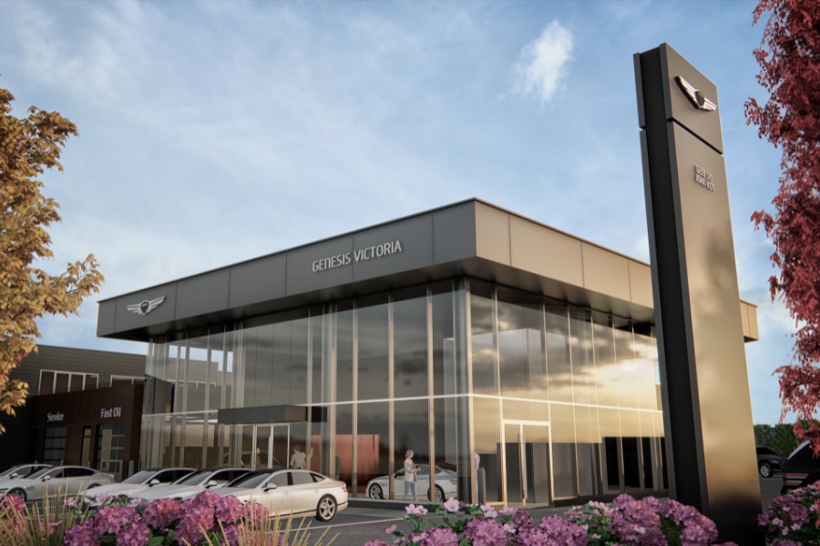 A exterior rendering of KOT Hyundai Dealership, a commercial project, designed by Alan Lowe Architecture.