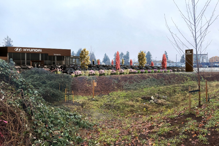 A exterior rendering of KOT Hyundai Dealership, a commercial project, designed by Alan Lowe Architecture.