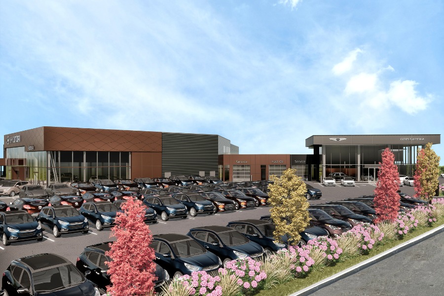 A exterior rendering of KOT Hyundai Dealership, a commercial project, designed by Alan Lowe Architecture.