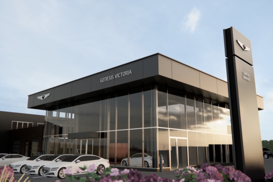 A exterior rendering of KOT Hyundai Dealership, a commercial project, designed by Alan Lowe Architecture.