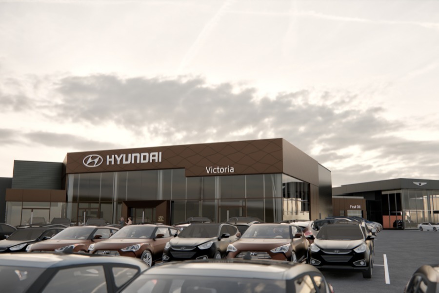 A exterior rendering of KOT Hyundai Dealership, a commercial project, designed by Alan Lowe Architecture.