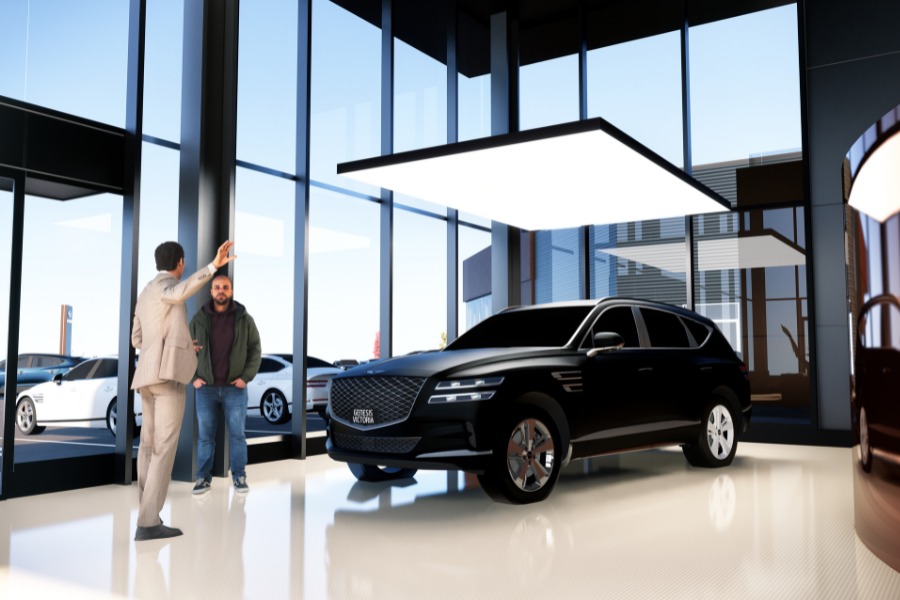 A exterior rendering of KOT Hyundai Dealership, a commercial project, designed by Alan Lowe Architecture.