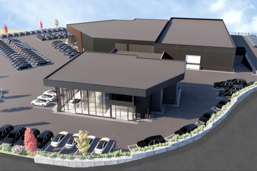 A exterior rendering of KOT Hyundai Dealership, a commercial project, designed by Alan Lowe Architecture.