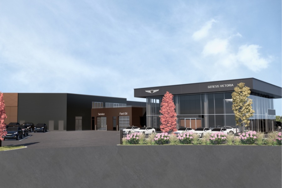 A exterior rendering of KOT Hyundai Dealership, a commercial project, designed by Alan Lowe Architecture.
