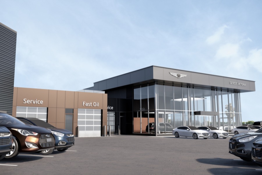 A exterior rendering of KOT Hyundai Dealership, a commercial project, designed by Alan Lowe Architecture.