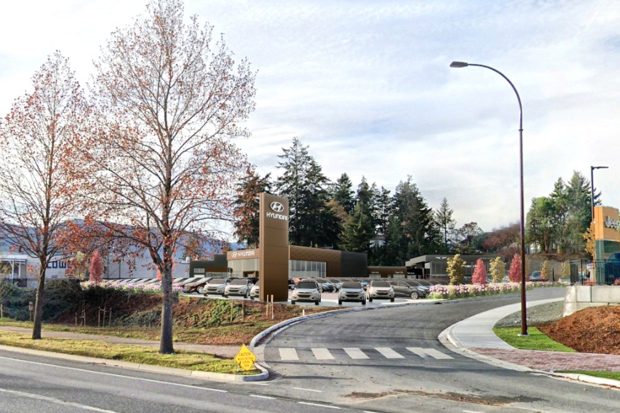 A exterior rendering of KOT Hyundai Dealership, a commercial project, designed by Alan Lowe Architecture.