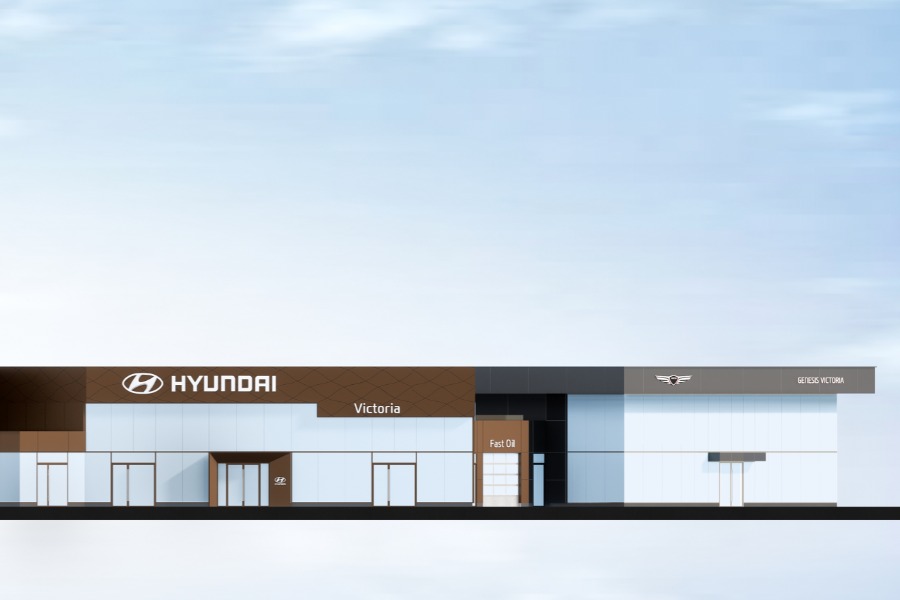 A exterior rendering of KOT Hyundai Dealership, a commercial project, designed by Alan Lowe Architecture.