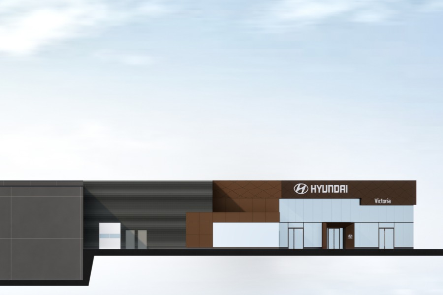 A exterior rendering of KOT Hyundai Dealership, a commercial project, designed by Alan Lowe Architecture.