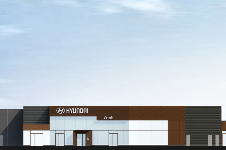 A exterior rendering of KOT Hyundai Dealership, a commercial project, designed by Alan Lowe Architecture.