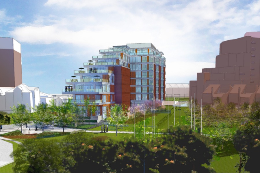 A rendering of 257 Belleville, a commercial project, seen from exterior of the building, designed by Alan Lowe Architecture.