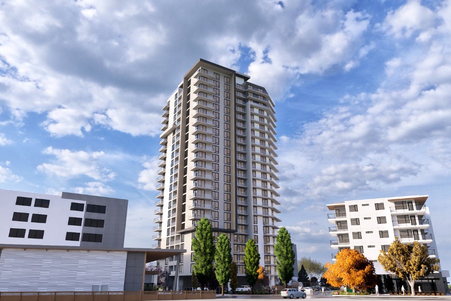 A exterior rendering of the building at Meaford Ave, a commercial project, designed by Alan Lowe Architecture.