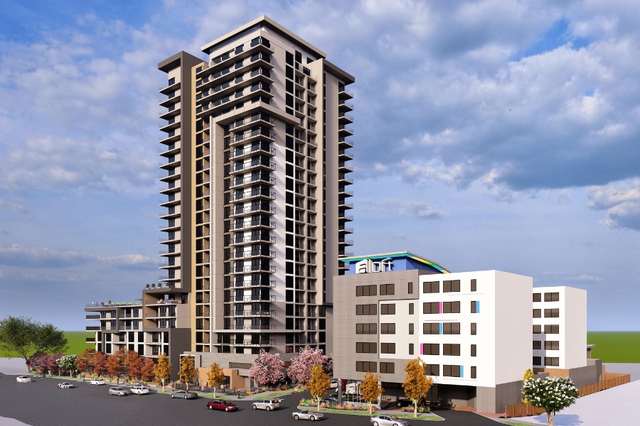 A exterior rendering of the building at Meaford Ave, a commercial project, designed by Alan Lowe Architecture.