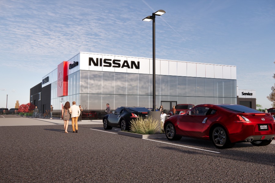 A exterior rendering of the Nissan Dealership in Nanaimo, a commercial project, designed by Alan Lowe Architecture.