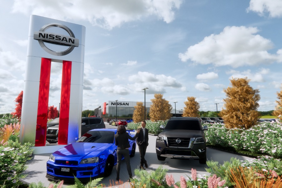 A exterior rendering of the Nissan Dealership in Nanaimo, a commercial project, designed by Alan Lowe Architecture.