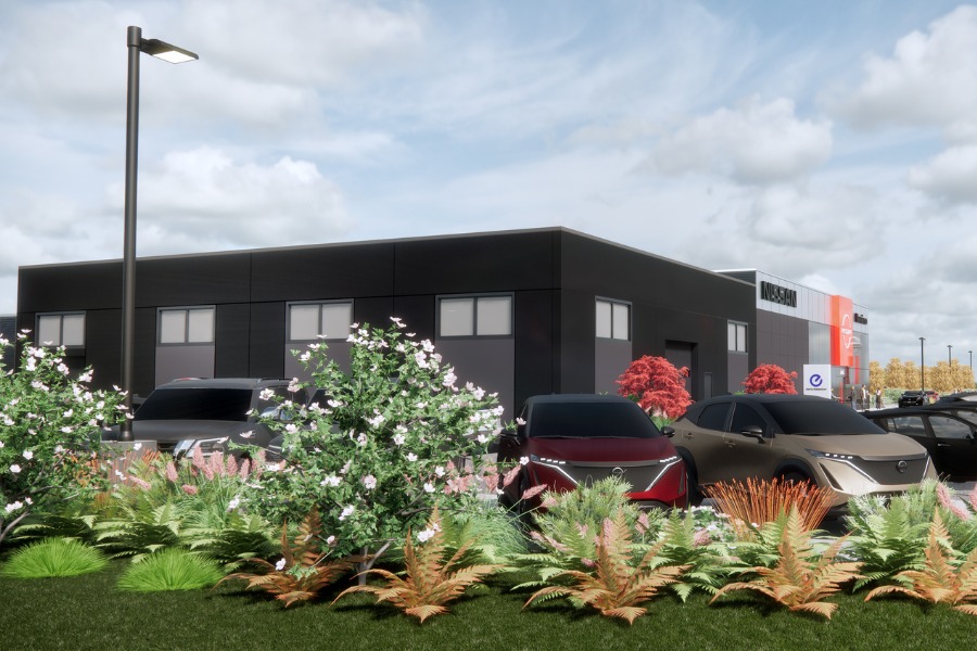 A exterior rendering of the Nissan Dealership in Nanaimo, a commercial project, designed by Alan Lowe Architecture.