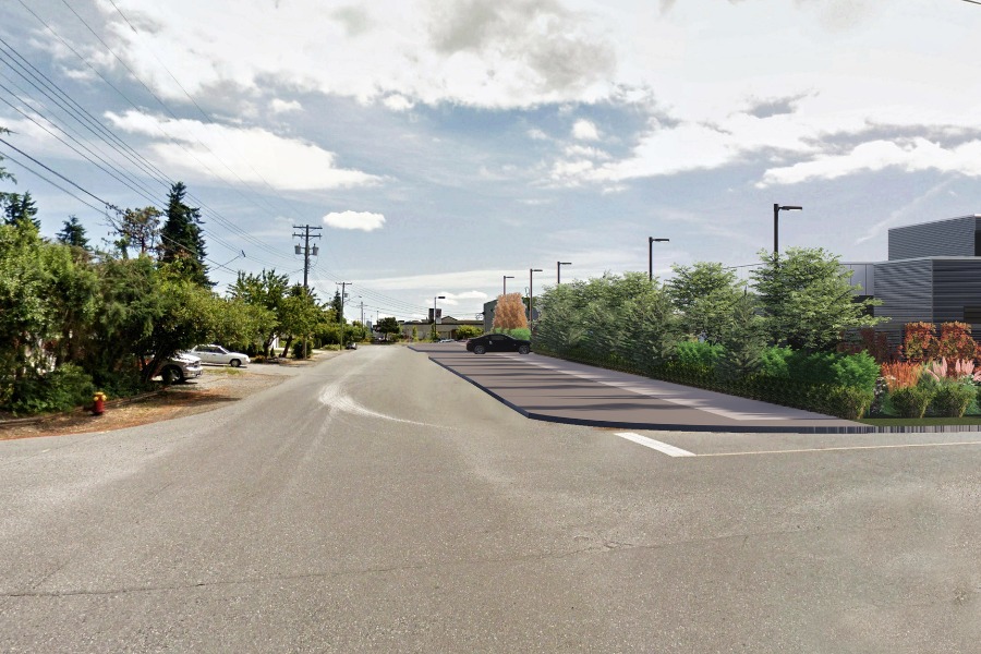 A exterior rendering of the Nissan Dealership in Nanaimo, a commercial project, designed by Alan Lowe Architecture.