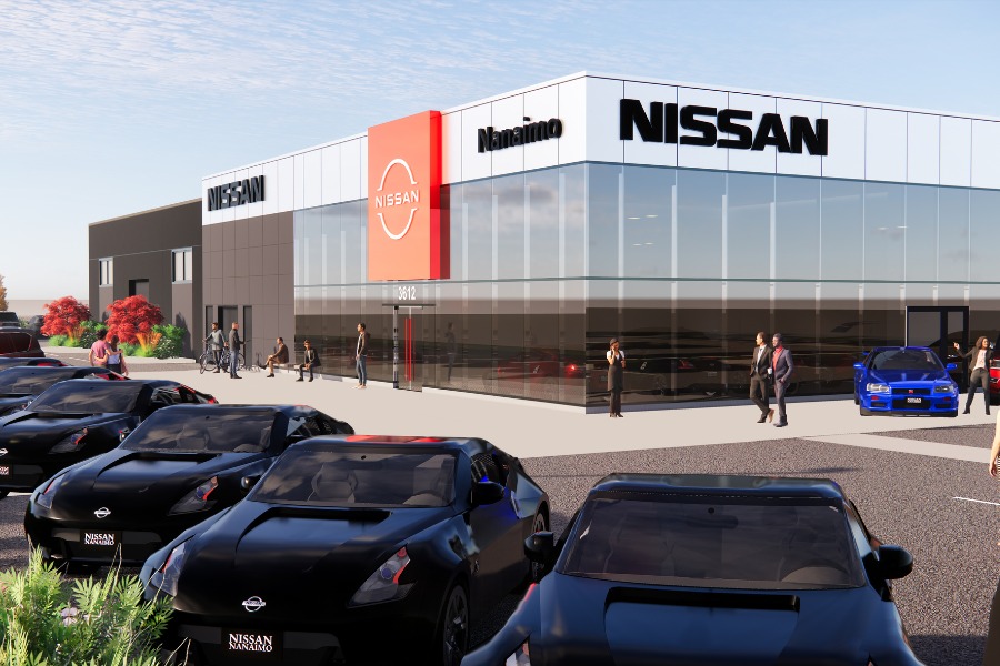 A exterior rendering of the Nissan Dealership in Nanaimo, a commercial project, designed by Alan Lowe Architecture.
