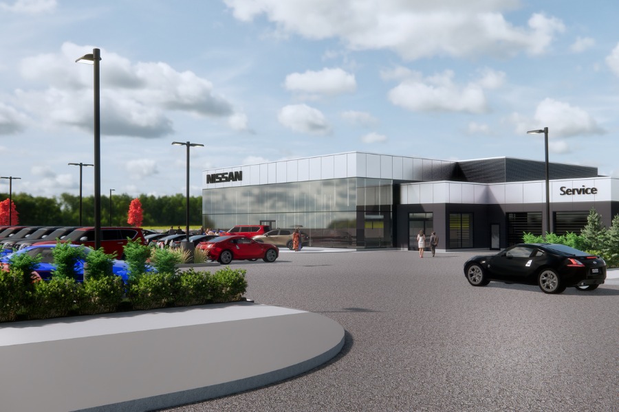 A exterior rendering of the Nissan Dealership in Nanaimo, a commercial project, designed by Alan Lowe Architecture.