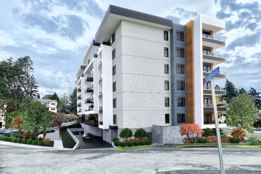 A exterior rendering of the Secretariat Building, a commercial project, designed by Alan Lowe Architecture.