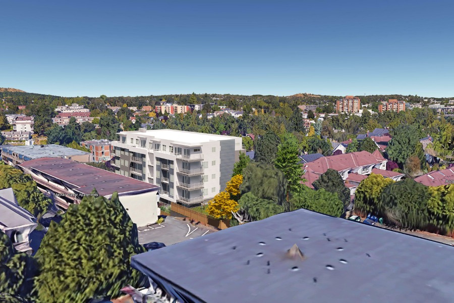 A exterior rendering of the Stirling Building on Selkirk, a commercial project, designed by Alan Lowe Architecture.