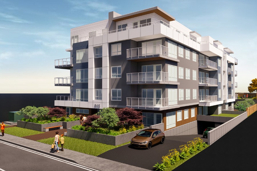 A exterior rendering of the Stirling Building on Selkirk, a commercial project, designed by Alan Lowe Architecture.