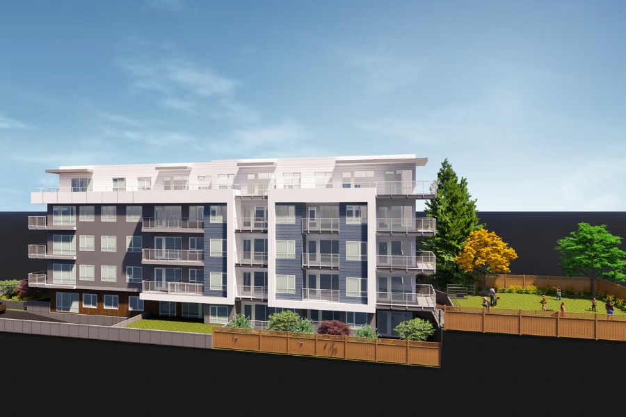 A exterior rendering of the Stirling Building on Selkirk, a commercial project, designed by Alan Lowe Architecture.