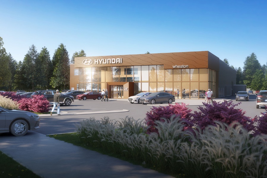 A exterior rendering of Wheaton Hyundai Dealership, a commercial project, designed by Alan Lowe Architecture.
